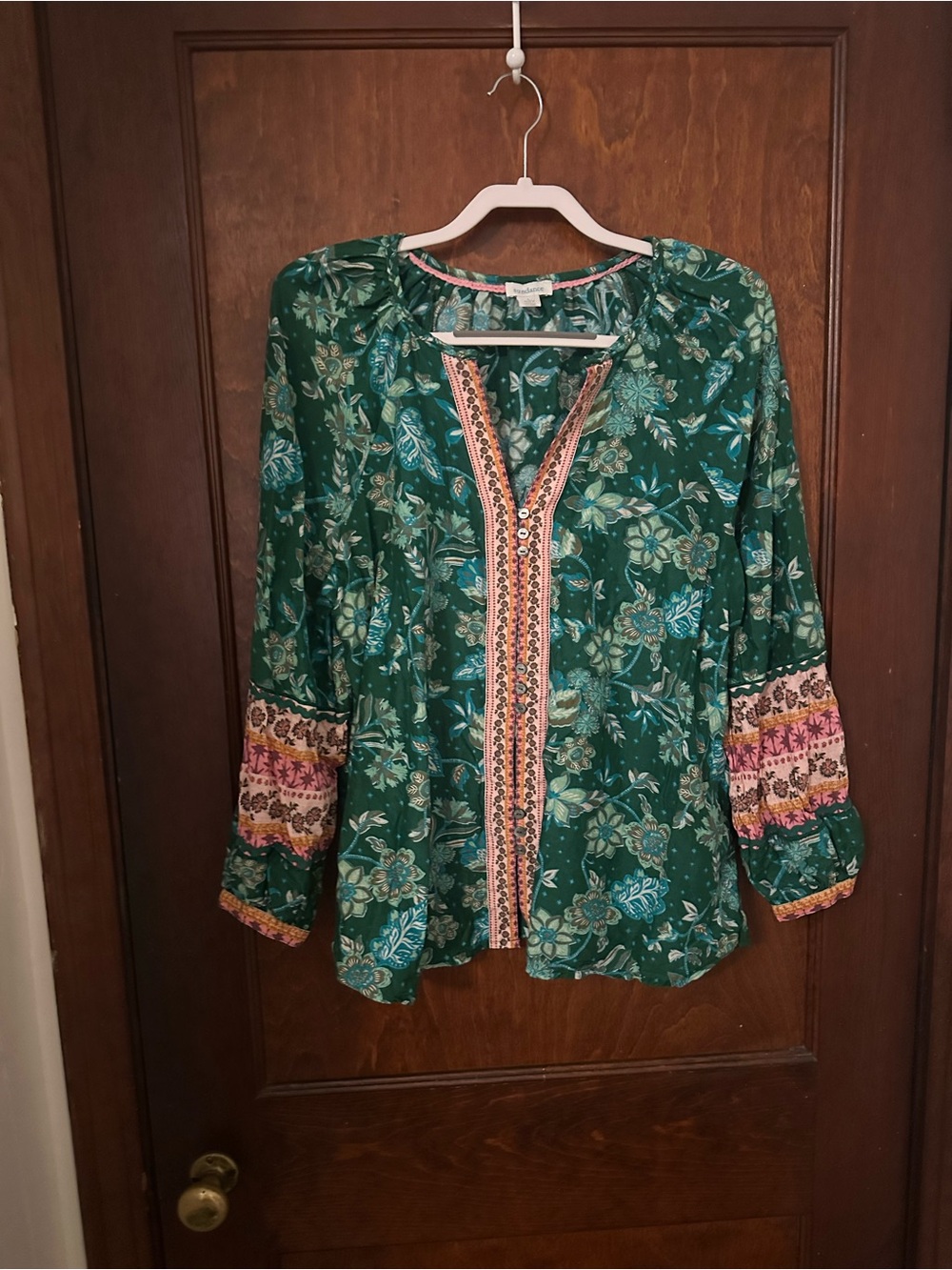 Sundance Arvilla silk blend green floral boho blouse L - Picture 2 of 5